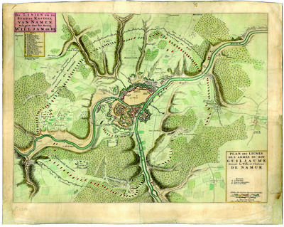 Plan des lignes de l'armée du Roy Guiljaume devant la ville et château de Namur. De linien om de stad en kasteel van Namen, belegert door den Koning Willjam de III. A Amsterdam chez P. Mortier Avec privilège