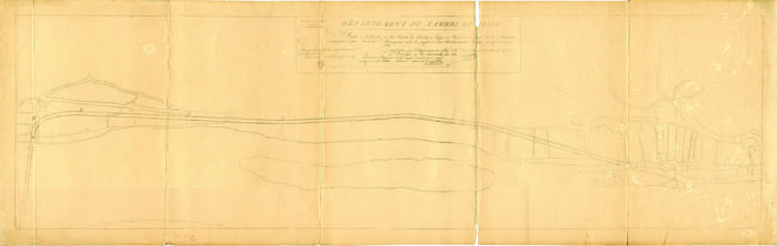 Département de Sambre et Meuse. Plan de la partie de route de Paris à Liège et Ruremonde par Givet et Namur comprise entre Dinant et Bouvignes avec le projet de son redressement et de son élargissement. Proposé par l'ingenieur en chef de la direction de Sambre et Meuse à Namur ce 10 Prairial an 10 ( 30 maï 1802), Lejeune, Lu par le préfet du Département de la Sambre et Meuse à Namur ce 15 Prairial an 10 (4 juin 1802), Proposé par l'Ingenieur en chef sousigné la partie (...) en rouge passant par les points ABPC. Namur le 1er Nivose, an 13 (22 décembre 1804).