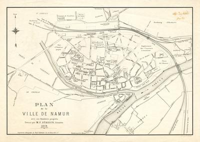 Plan de la ville de Namur avec ses quartiers projetés. Dressé par M.F. Stassin, Géomètre, 1878. Déposé, gravé par Fr. Becker. Imprimerie Lithographie de Paul Godenne, rue de Bruxelles, 13.