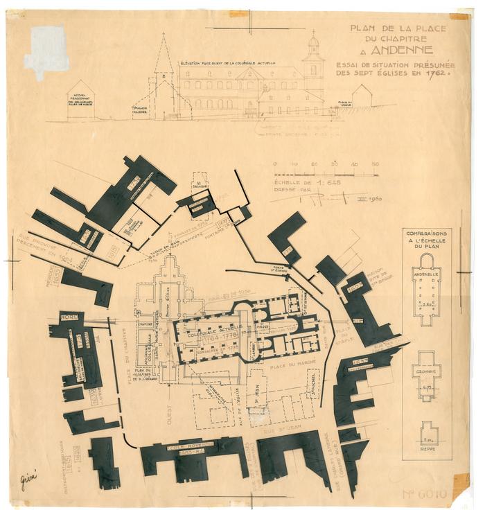 Plan de la place du Chapitre à Andenne. Essai de situation présumée des sept églises en 1762 et Elévation face ouest de la collégiale actuelle.