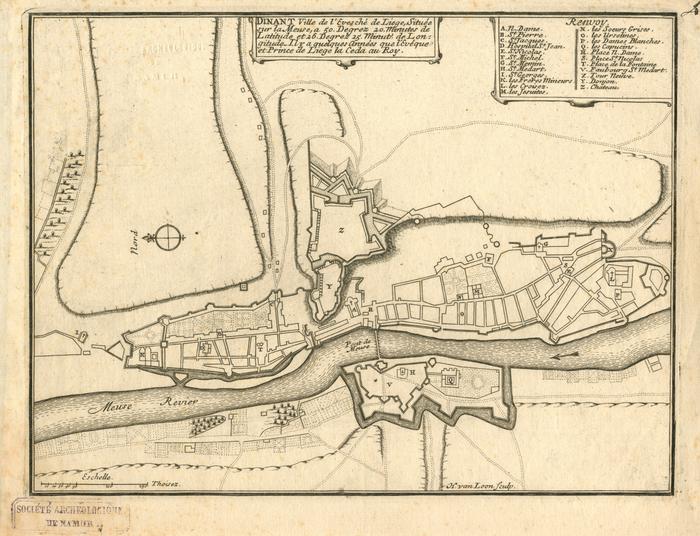 Dinant Ville de l'Evesche de Liege. Située sur la Meuse a 50 Degrez 20 Minutes de Latitude et 26 Degrez 15 Minutes de Longitude. Il y a quelques années que l'Eveque et Prince de Liege la Ceda au Roy - H. van Loon sculp.