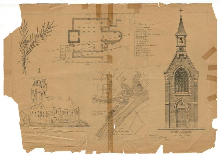 Ancienne collégiale Notre-Dame, Plan de l'ancienne Collégiale Notre-Dame, Plan de la Paroisse Notre-Dame, Eglise St Materne en construction rue Notre-Dame. Architecte Ed: van Gheluwe. Namur