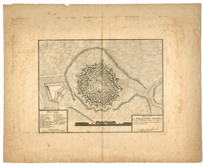 Plan de Philippe-ville dans le comté d'Hainaut située à 50 degrez et 16 minute de latitude, et à 25 degrez et 53 minutes de longitude - A Bruxelles chez Eugene Henry Fricx rue de la Madelaine 1710