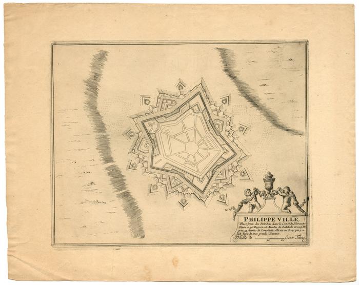Philippe Ville : place forte des Païs Bas dans le comté de Hainaut, située a 50. degrez 16. minutes de latitude et a 25 degrez 53 minutes de longitude
