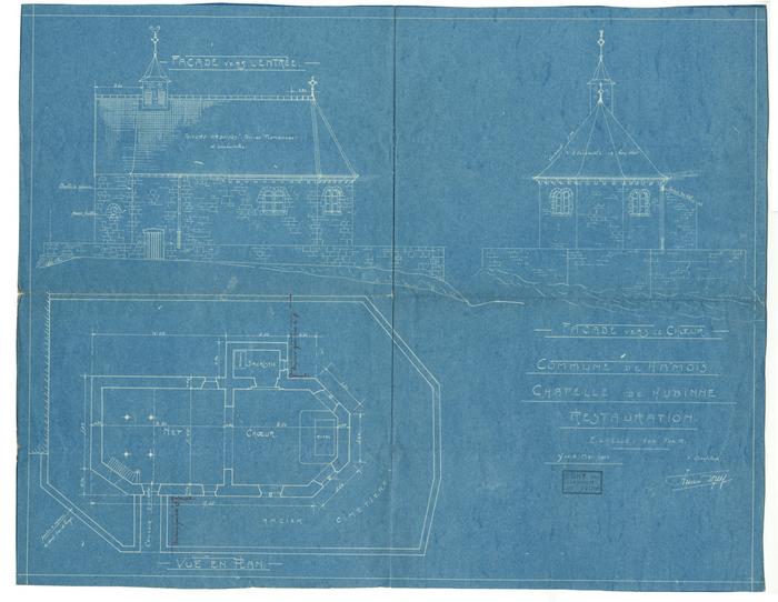 Commune de Hamois - Chapelle de Hubinne - Restauration - Echelle: 1 cm par M. Yvoir, Mai 1924 l'architecte Firmin Dony.