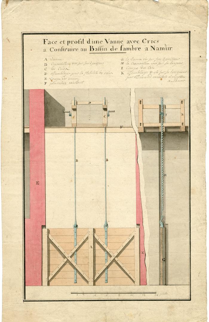 Face et profil d'une Vanne avec Crics a Construire au Bassin de Sambre a Namur
