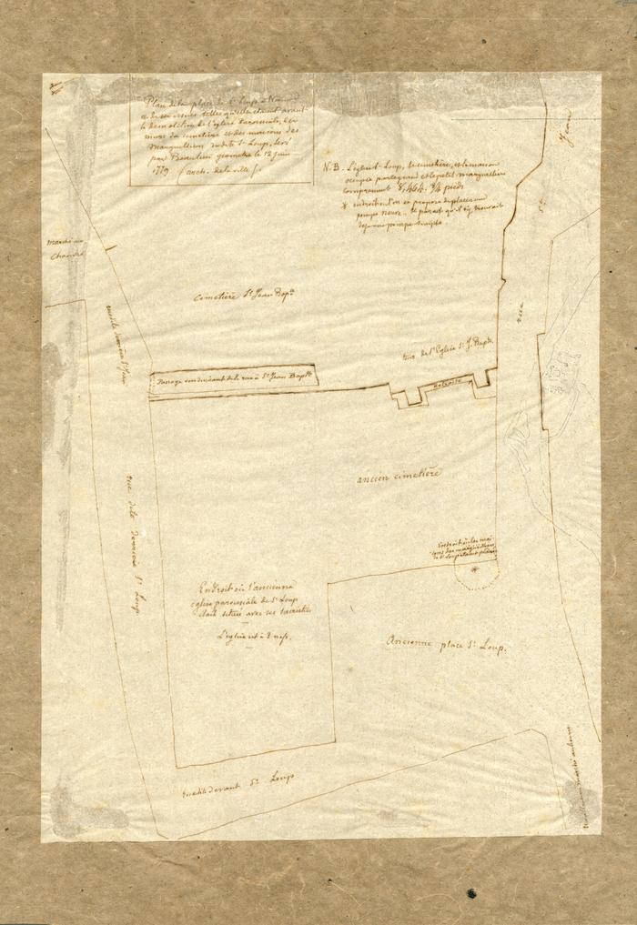 Plan de la place de St Loup à Namur et de ses issues telles qu'elles etaient avant la demolition de l'eglise Paroissiale, les murs du cimetière et les maisons des Marguillers du dit St. Loup, levé par Beaulieu, géomètre le 12 juin 1779 (arch. de la ville).