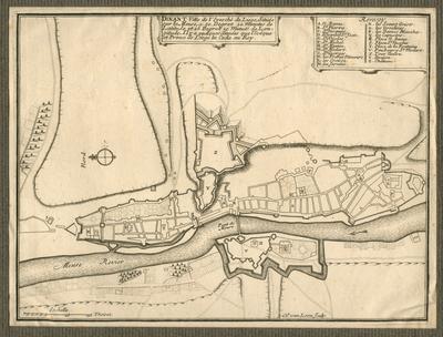 Dinant Ville de l'Evesche de Liege. Située sur la Meuse a 50 Degrez 20 Minutes de Latitude et 26 Degrez 15 Minutes de Longitude. Il y a quelques années que l'Eveque et Prince de Liege la Ceda au Roy - H. van Loon sculp.