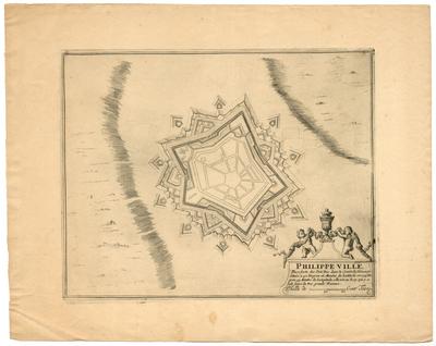Philippe Ville : place forte des Païs Bas dans le comté de Hainaut, située a 50. degrez 16. minutes de latitude et a 25 degrez 53 minutes de longitude