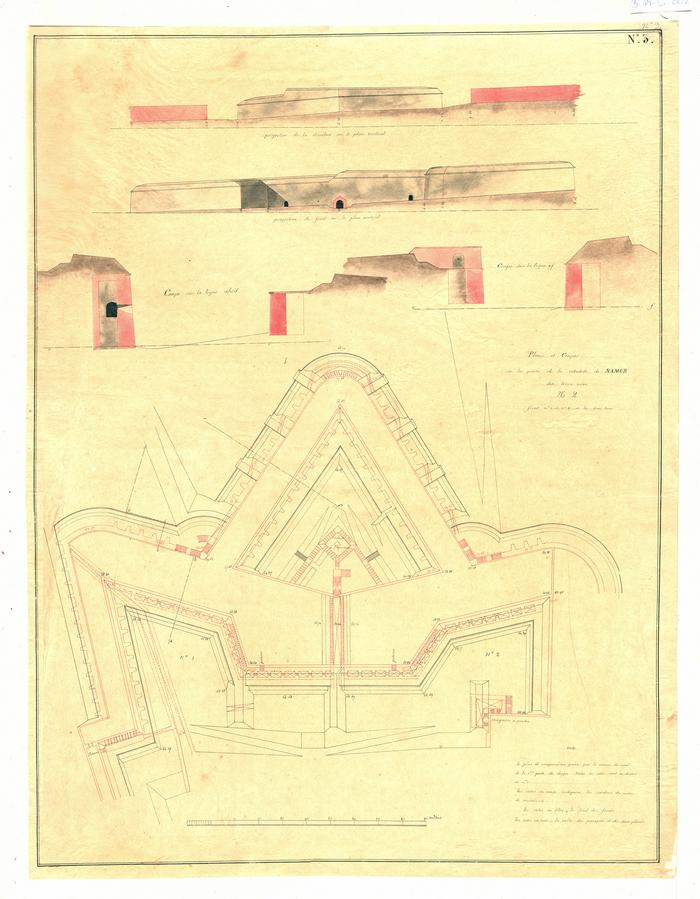 Plan et coupes de la partie de la citadelle de Namur dite terra nova