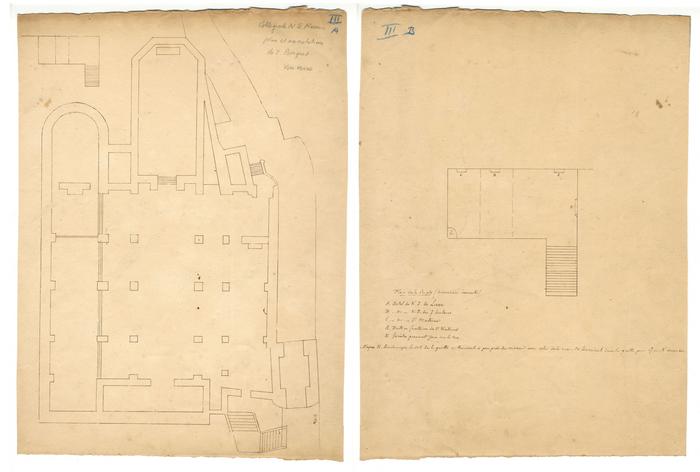 Collégiale Notre-Dame à Namur. Plan et annotations de J. Borgnet. Au revers: plan de la crypte de la Collégiale Notre-Dame à Namur.