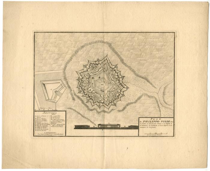 Plan de Philippe-ville dans le comté d'Hainaut située à 50 degrez et 16 minute de latitude, et à 25 degrez et 53 minutes de longitude - A Bruxelles chez Eugene Henry Fricx rue de la Madelaine 1710