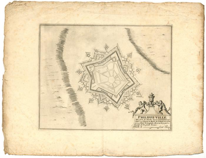 Philippe Ville : place forte des Païs Bas dans le comté de Hainaut, située a 50. degrez 16. minutes de latitude et a 25 degrez 53 minutes de longitude