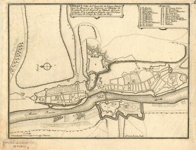 Dinant Ville de l'Evesche de Liege. Située sur la Meuse a 50 Degrez 20 Minutes de Latitude et 26 Degrez 15 Minutes de Longitude. Il y a quelques années que l'Eveque et Prince de Liege la Ceda au Roy - H. van Loon sculp.