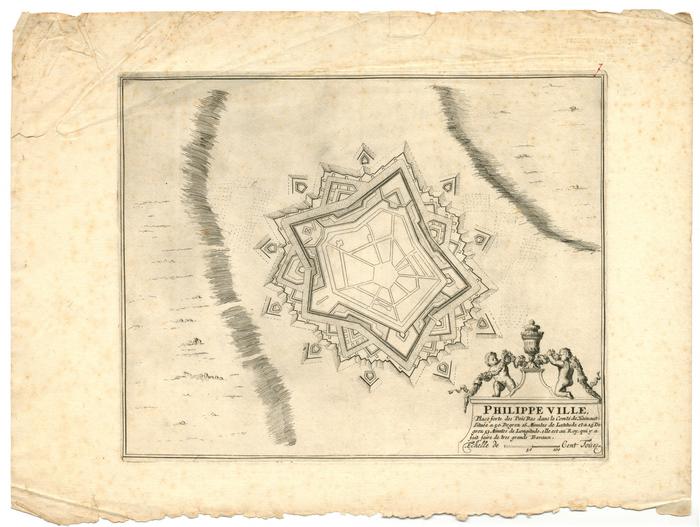 Philippe Ville : place forte des Païs Bas dans le comté de Hainaut, située a 50. degrez 16. minutes de latitude et a 25 degrez 53 minutes de longitude