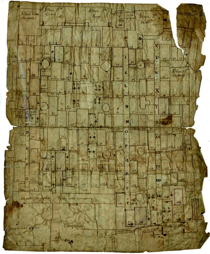 Plan de la collégiale Notre-Dame à Namur avec indications des sépultures