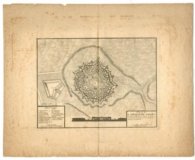Plan de Philippe-ville dans le comté d'Hainaut située à 50 degrez et 16 minute de latitude, et à 25 degrez et 53 minutes de longitude - A Bruxelles chez Eugene Henry Fricx rue de la Madelaine 1710