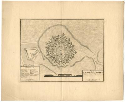 Plan de Philippe-ville dans le comté d'Hainaut située à 50 degrez et 16 minute de latitude, et à 25 degrez et 53 minutes de longitude - A Bruxelles chez Eugene Henry Fricx rue de la Madelaine 1710