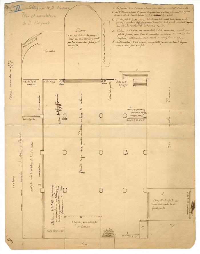 Collégiale Notre-Dame à Namur. Plan et annotations de J. Borgnet.