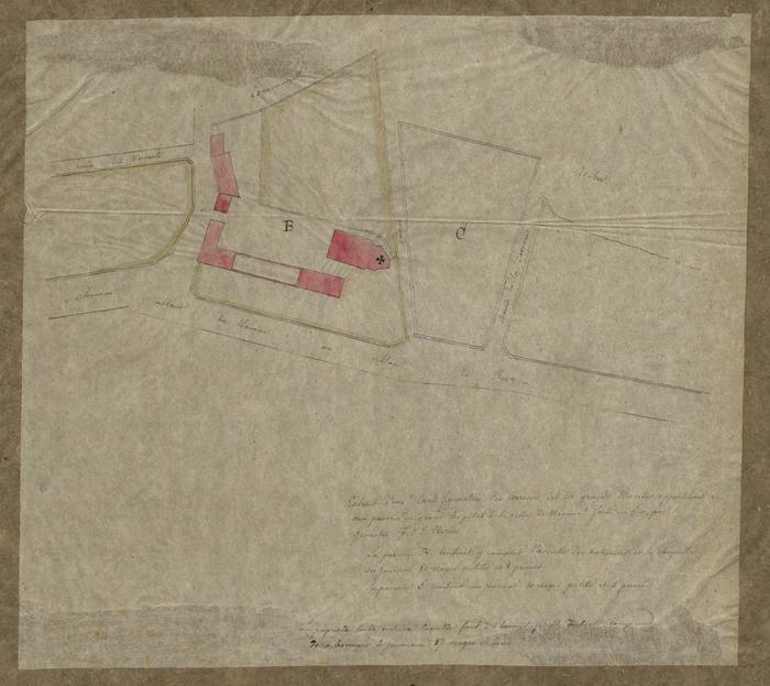 Extrait d'une "Carte figurative des terrains dits les Grands Malades appartenant aux pauvres du grand hopital de la ville de Namur" faite en 1790 par le géomètre JSS(?) Thirion