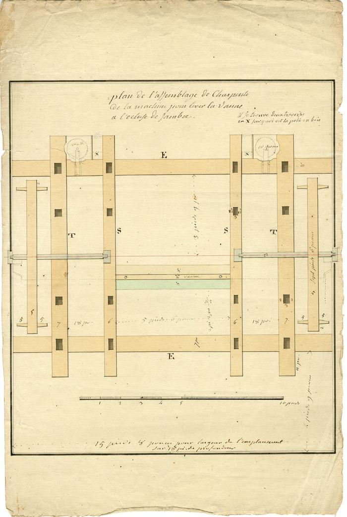 Plan de l'assemblage de charpente de la machine pour lever la vanne a l'ecluse de Jambe