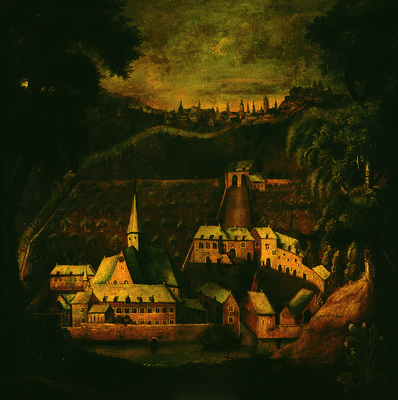 Vue de l'abbaye de Salzinnes prise des hauteurs de la rive gauche de la Sambre